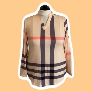 XL soft tunic tee long sleeved layer shirt with oversized plaid stripes